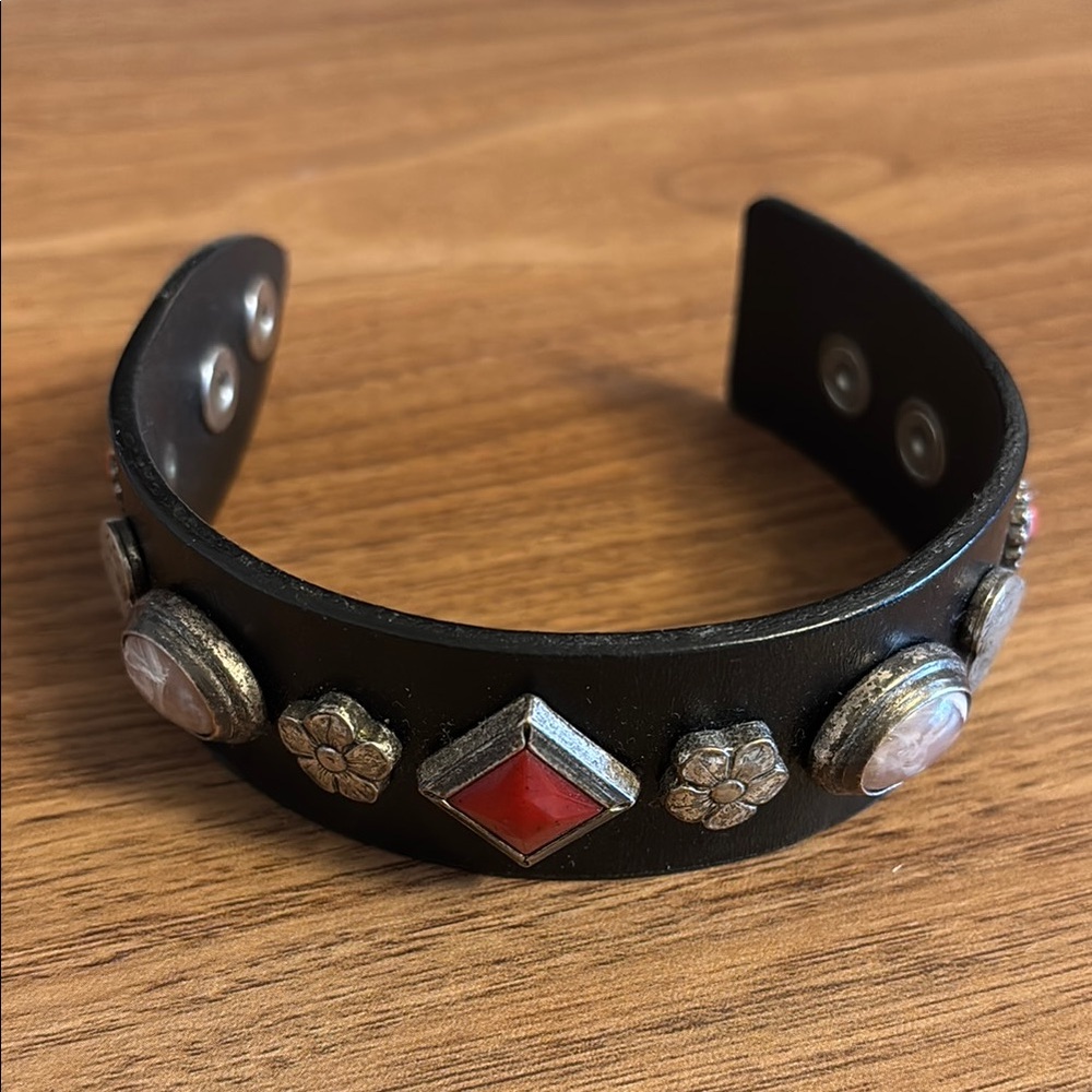 Isabel Marant Black and Silver Leather Cuff Bracelet